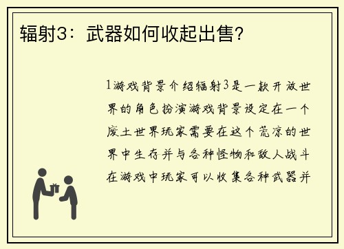 辐射3：武器如何收起出售？